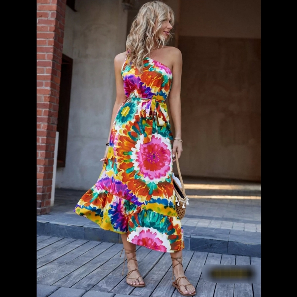 Bright Colors one Shoulder Belted Floral Dress